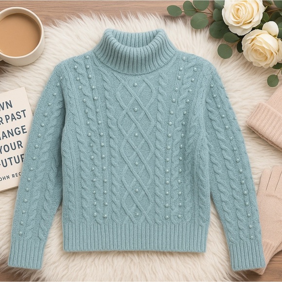 NWT Fate: Just A Thought Pearl Sky Blue Embellished Cable Knit Chunky Sweater - Picture 12 of 12